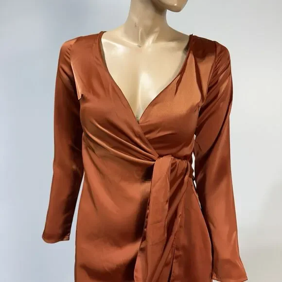 NASTY GAL Burnt Orange Faux Wrap Satin Mini Dress Size 4 Long Sleeve NWT - Picture 2 of 12